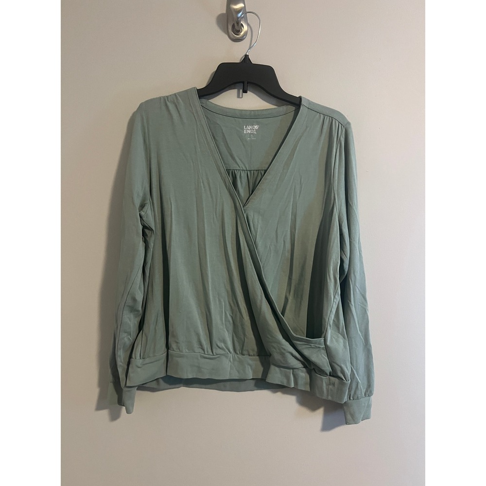 Lands End Womens Sage Green Surplice Wrap Top Long Sleeve Cotton Modal Blouse M